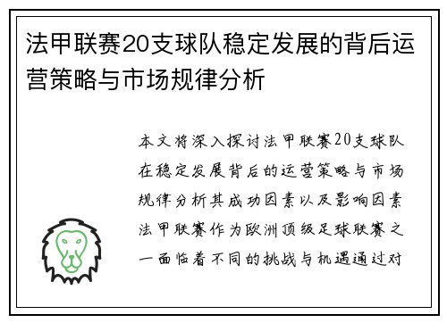 法甲联赛20支球队稳定发展的背后运营策略与市场规律分析