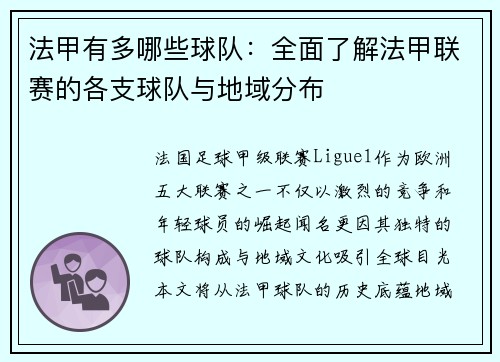 法甲有多哪些球队：全面了解法甲联赛的各支球队与地域分布